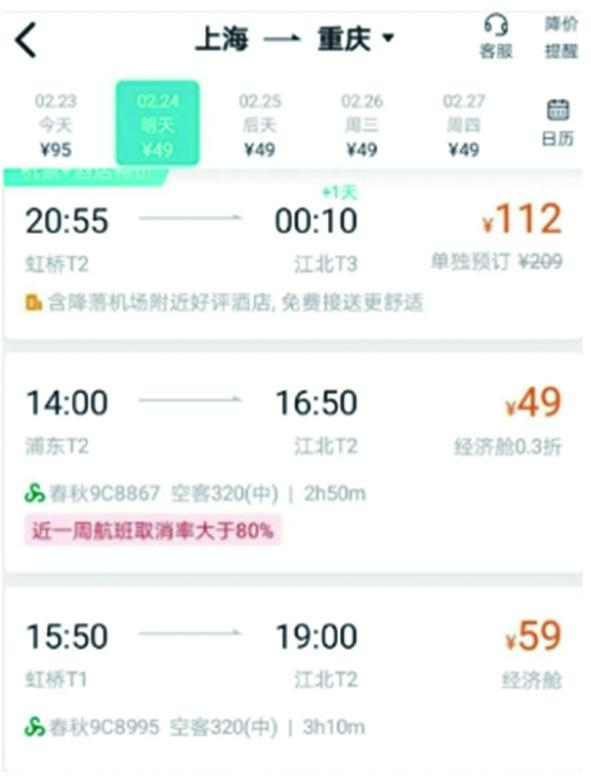 春节前夕部分航线机票价格跌至百元时代